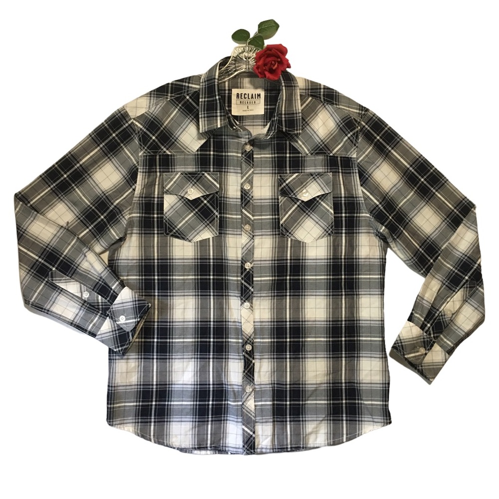 Plaid western shirt RECLAIM relaxed blue gray & white button up LG NWOT